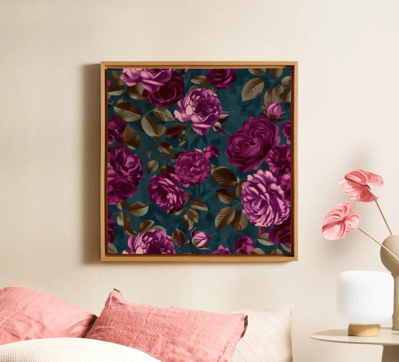 Fluweel Moody Bloem Grandeur Fuchsia Mauve Turquoise canvas met Baklijst van Andrea Haase Floral Passion