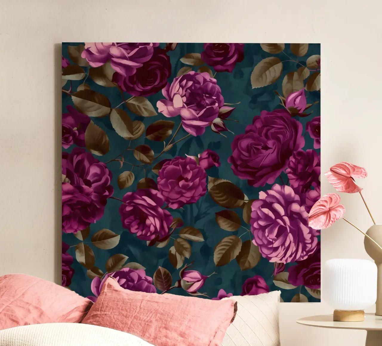 Fluweel Moody Bloem Grandeur Fuchsia Mauve Turquoise canvas met Baklijst van Andrea Haase Floral Passion