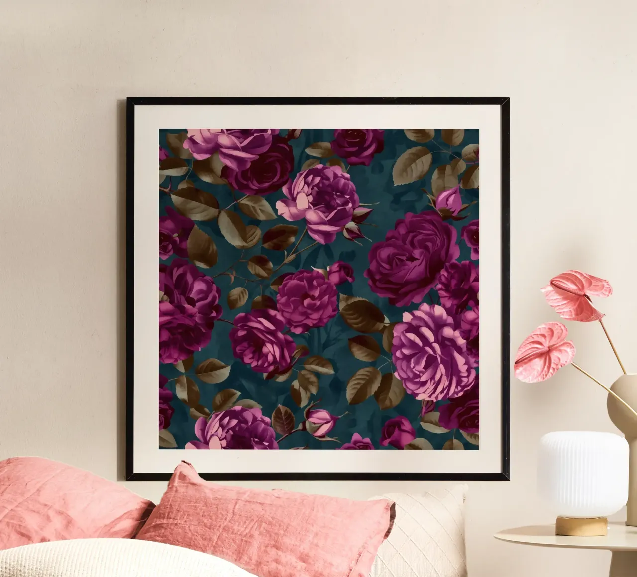 Velluto Moody Flower Grandeur Fucsia Mauve Turchese poster con telaio in plastica da Andrea Haase Floral Passion