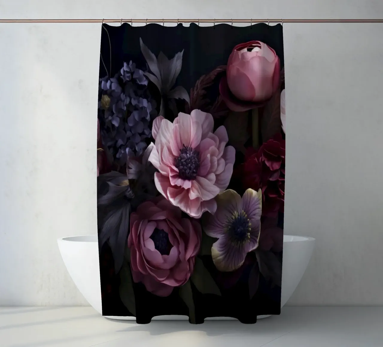 Nächtliche Botanika Vibes Mauve Rosa Duschvorhang von Andrea Haase Floral Passion