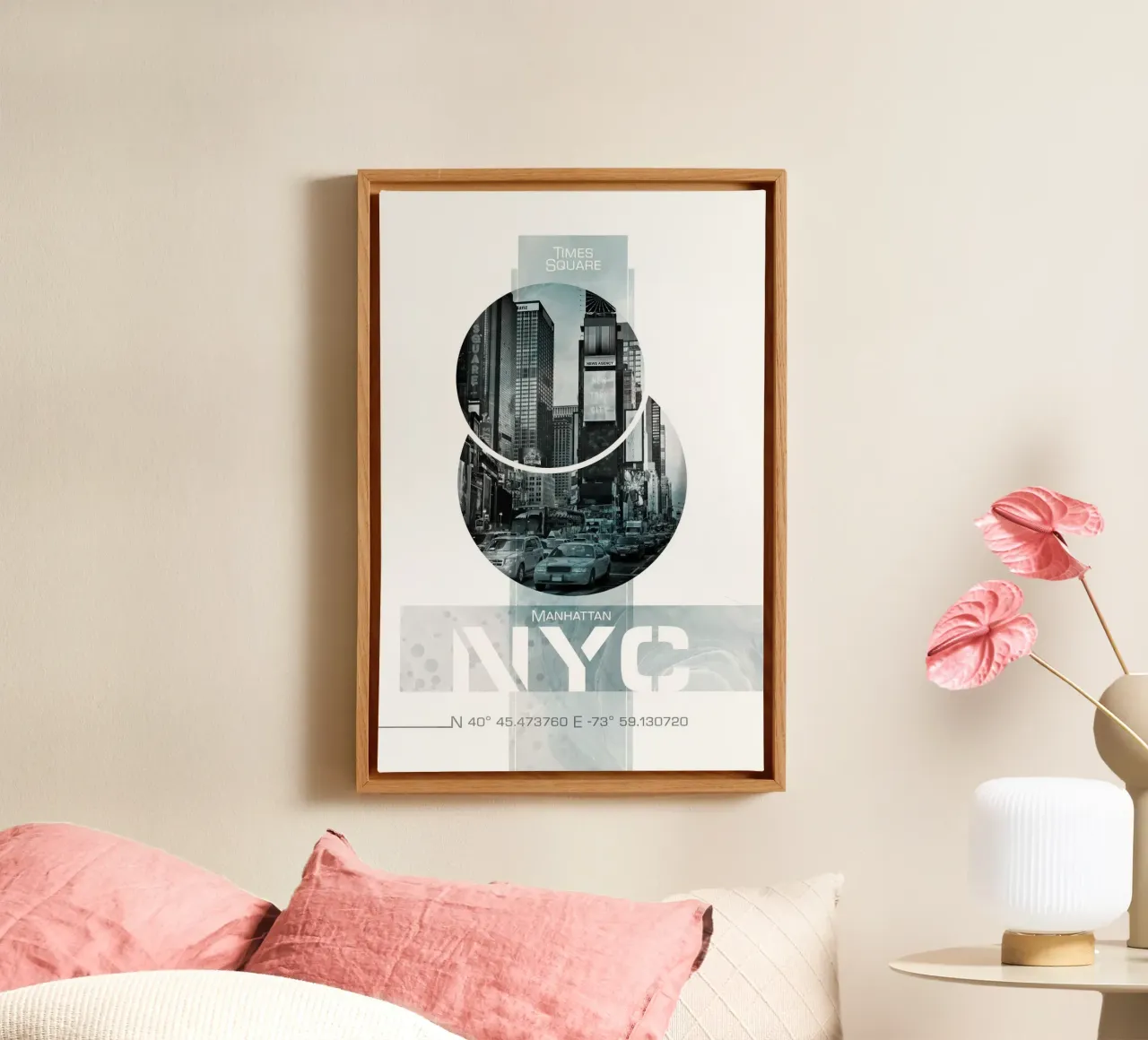 Poster Art NYC Times Square | Marmor türkis Leinwand mit Schattenfugenrahmen von Melanie Viola