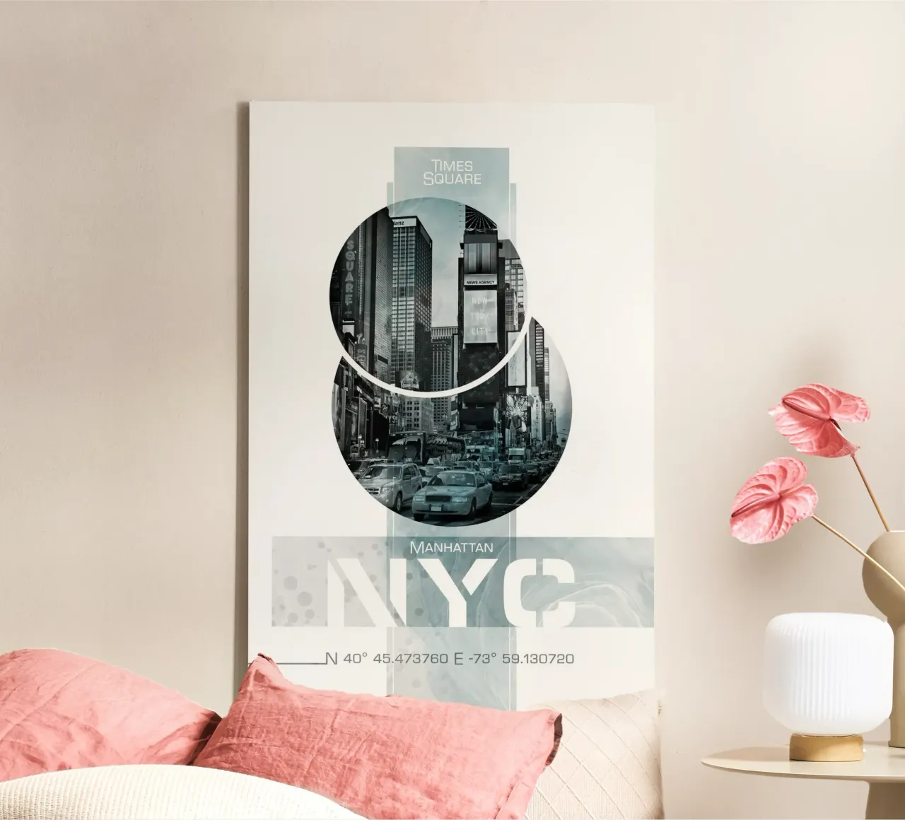 Poster Art NYC Times Square | Marmor türkis Leinwand mit Schattenfugenrahmen von Melanie Viola
