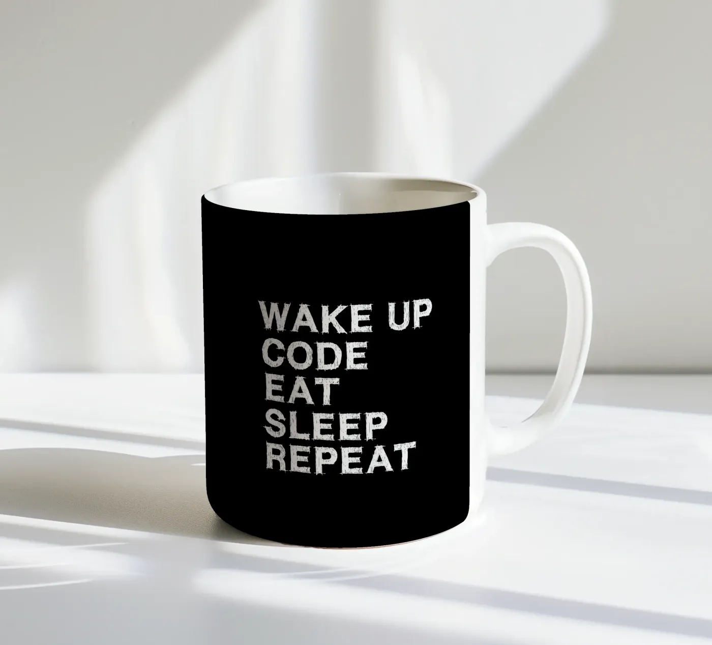 Wake up. Code. Eat. Sleep. Repeat. ceramic mug by Happy Eagle