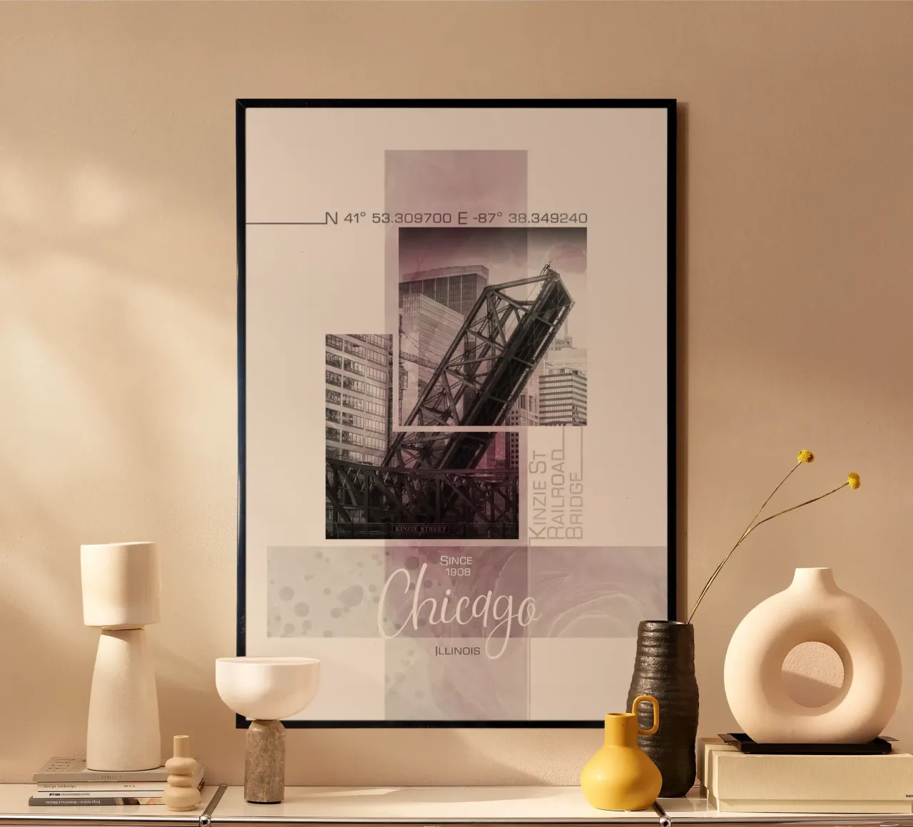 Poster Art CHICAGO Skyline | Marmor rosa poster con telaio in alluminio da Melanie Viola