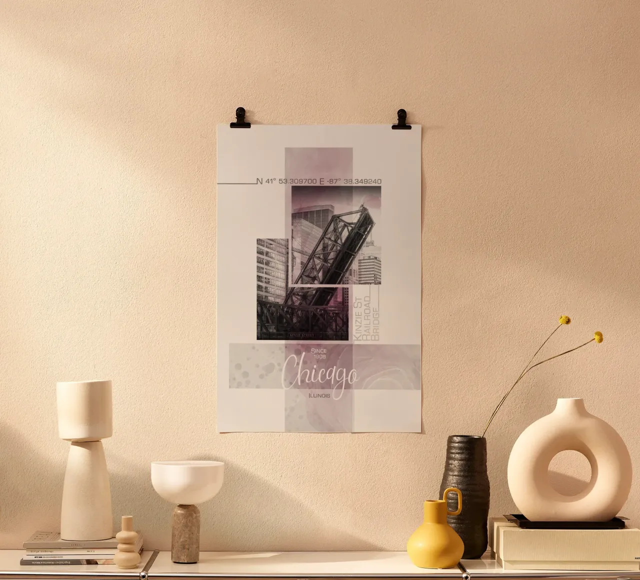 Poster Art CHICAGO Skyline | Marmor rosa poster con telaio in alluminio da Melanie Viola