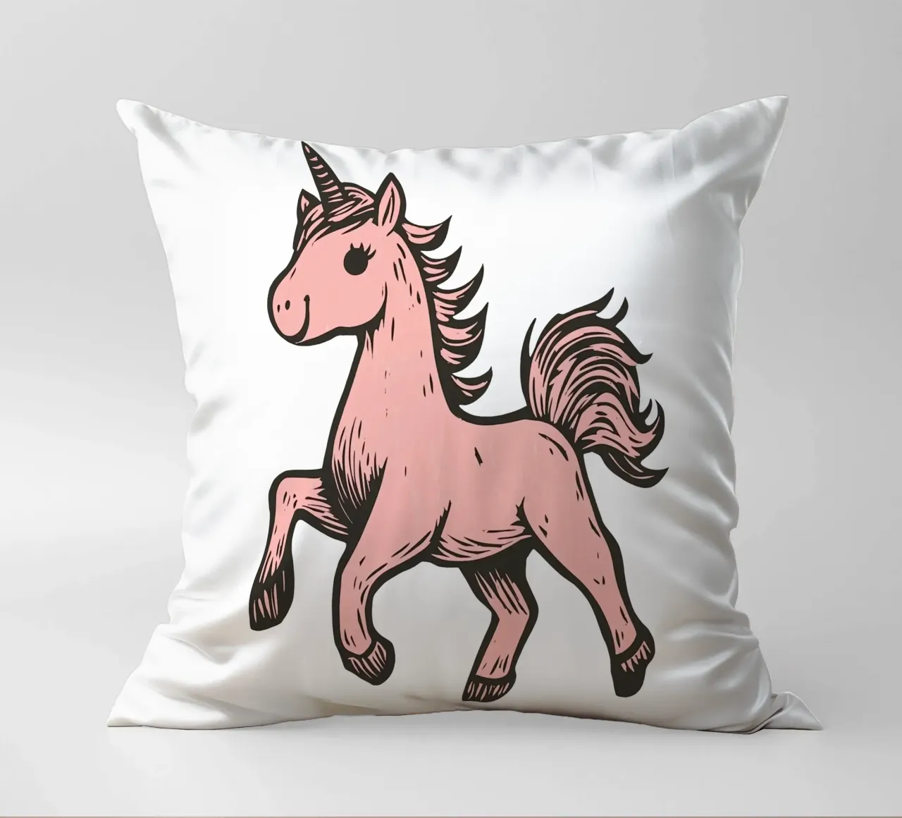 Happy pink unicorn for children decorative cushion by Autofocus