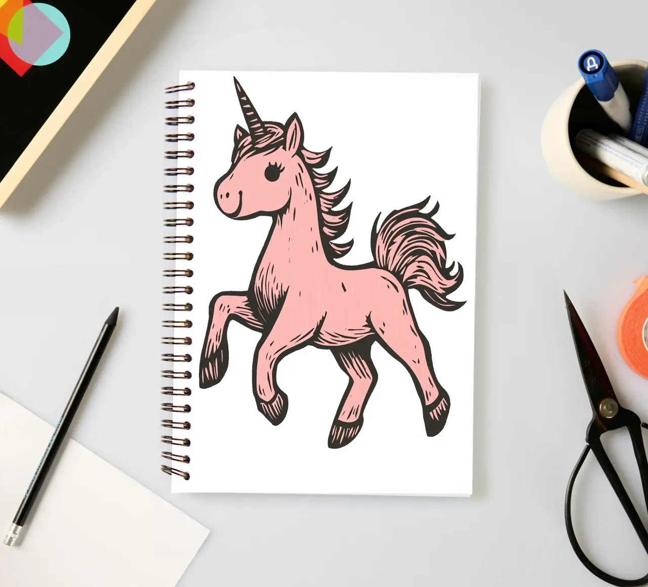Happy pink unicorn for children spiral notebook by Autofocus