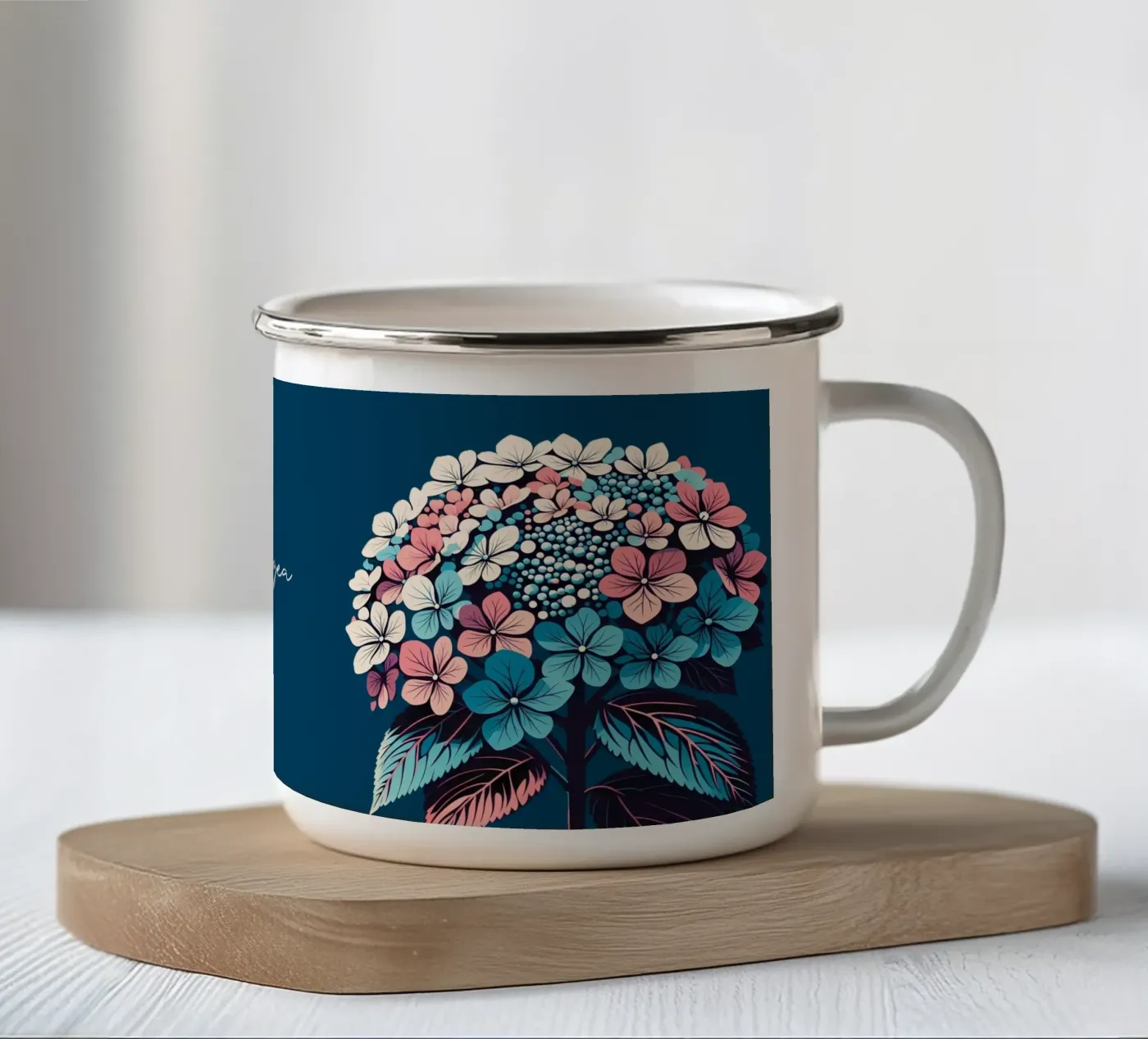 Hydrangea enamel mug by Digital Naive