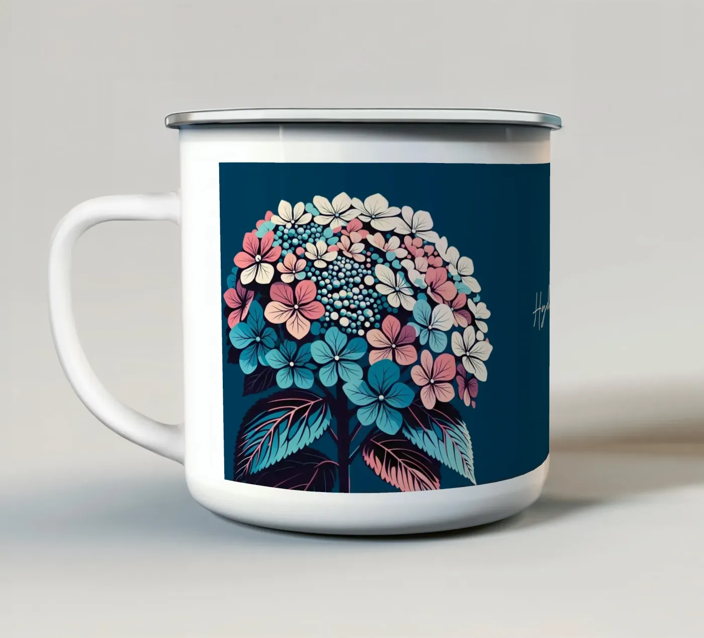 Hydrangea enamel mug by Digital Naive