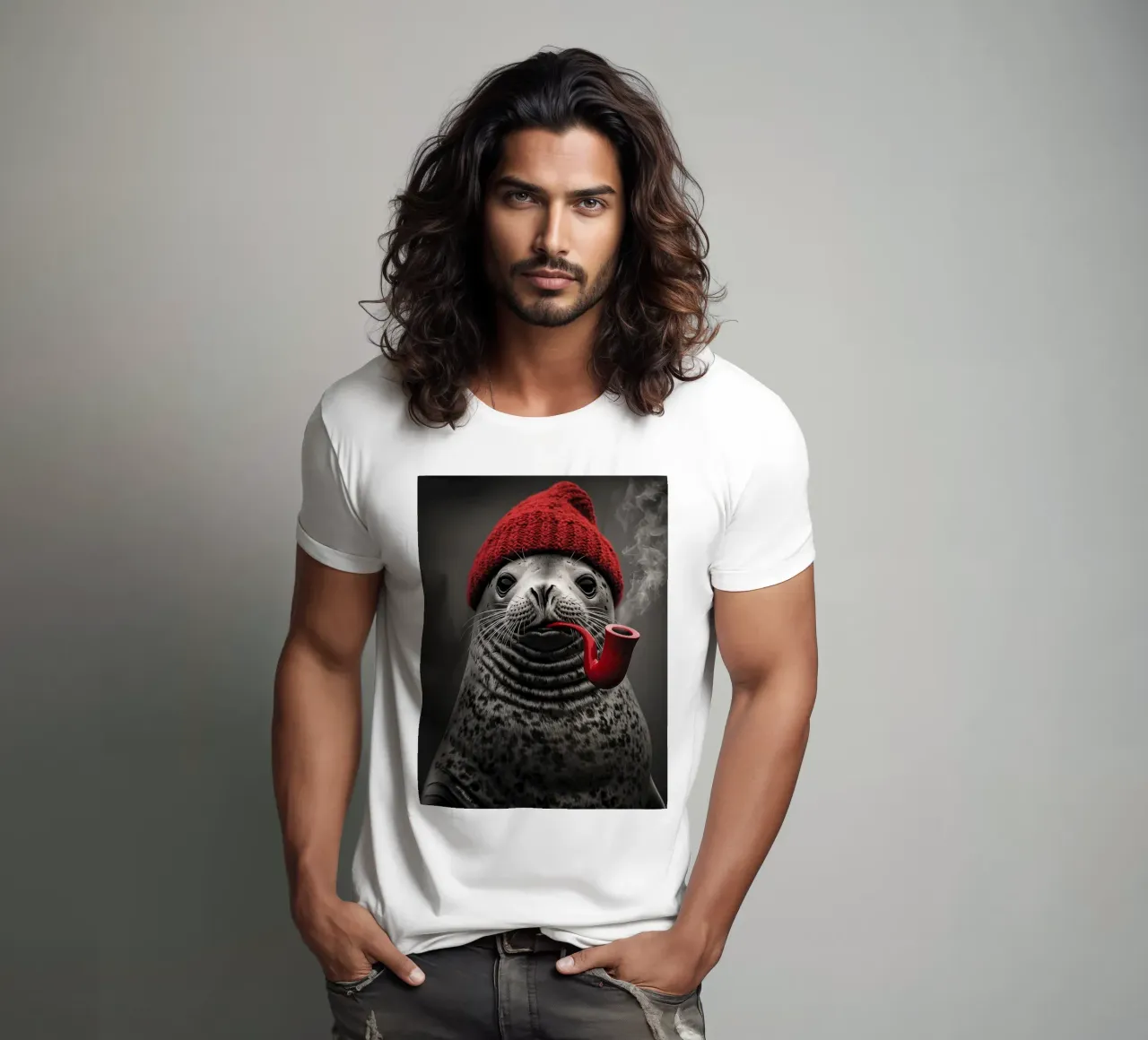 Funny nautical seal with red cap and tobacco pipe t-shirt by Autofocus