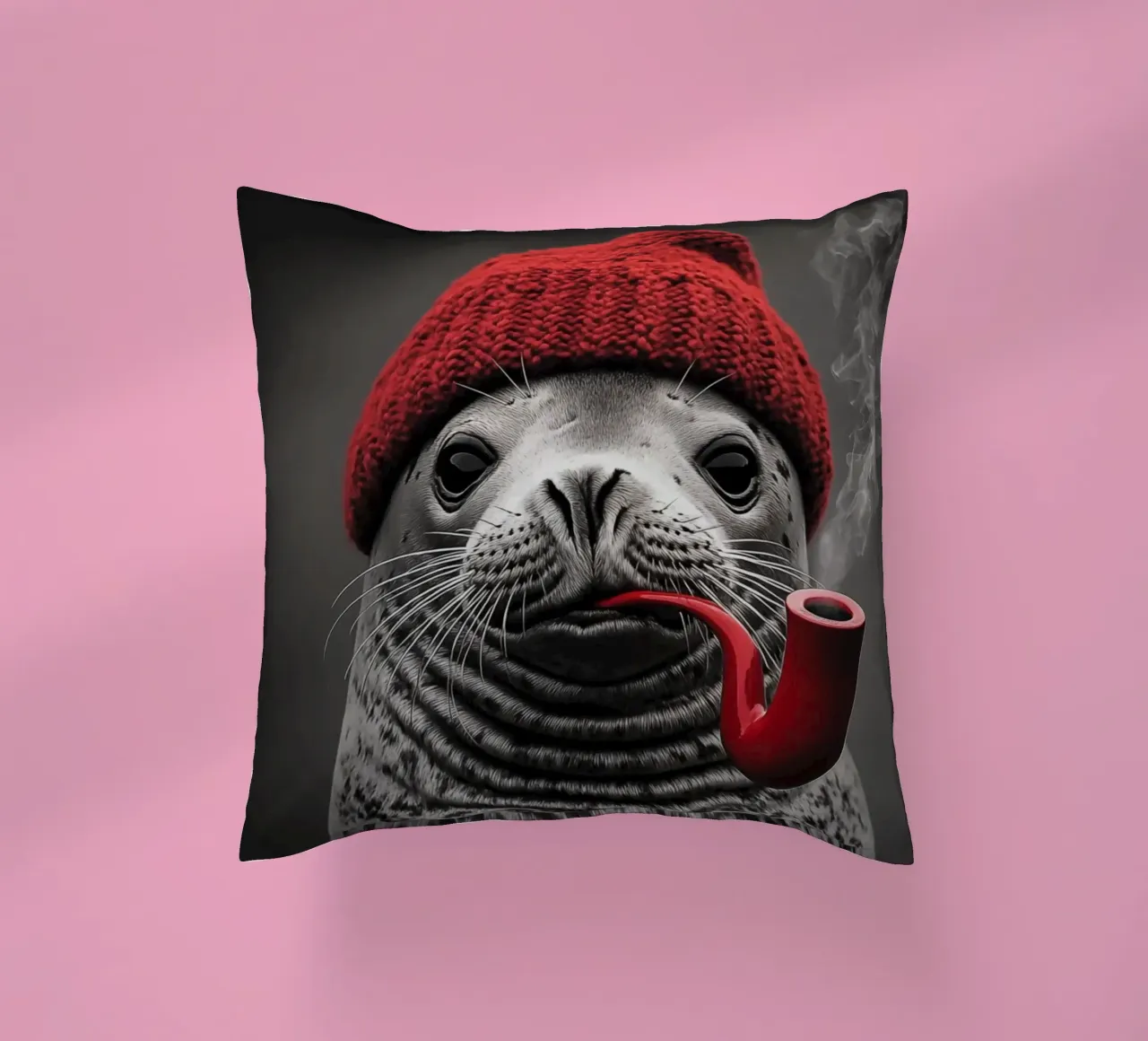 Funny nautical seal with red cap and tobacco pipe decorative cushion by Autofocus