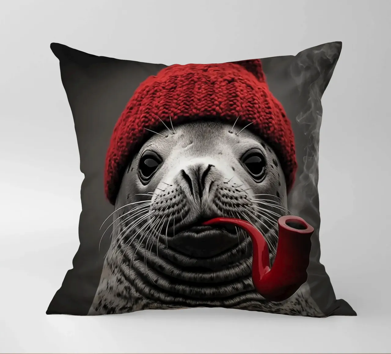 Funny nautical seal with red cap and tobacco pipe decorative cushion by Autofocus