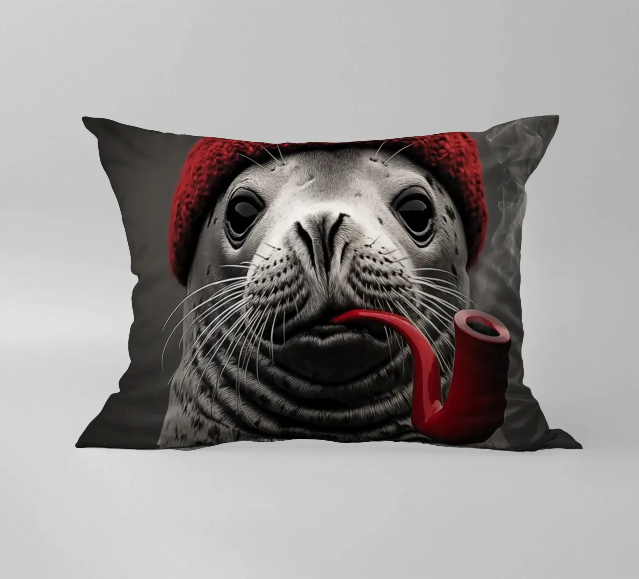 Funny nautical seal with red cap and tobacco pipe decorative cushion by Autofocus