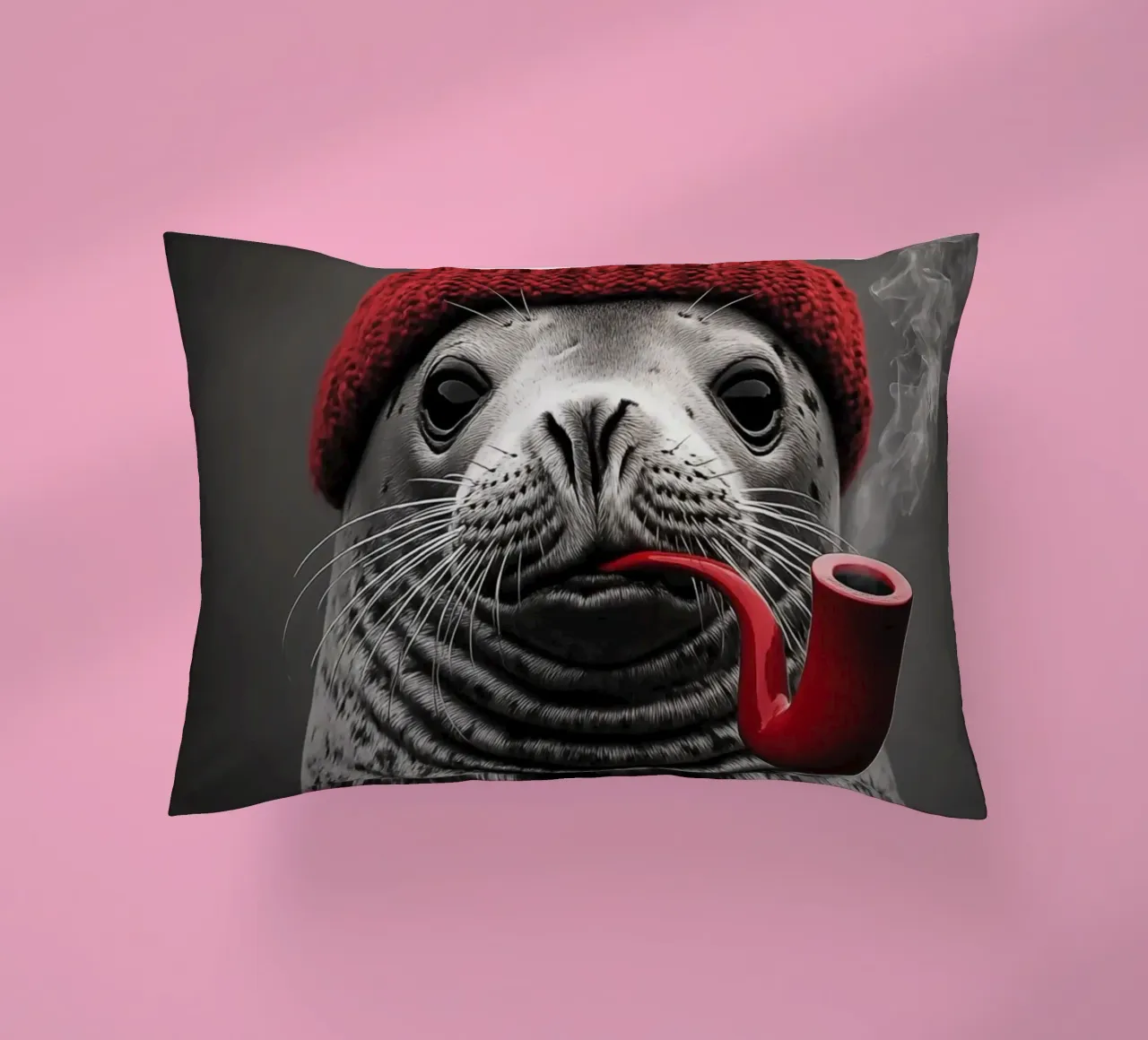Funny nautical seal with red cap and tobacco pipe decorative cushion by Autofocus