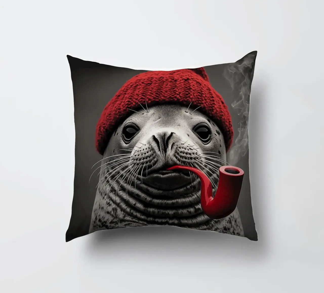 Funny nautical seal with red cap and tobacco pipe decorative cushion by Autofocus