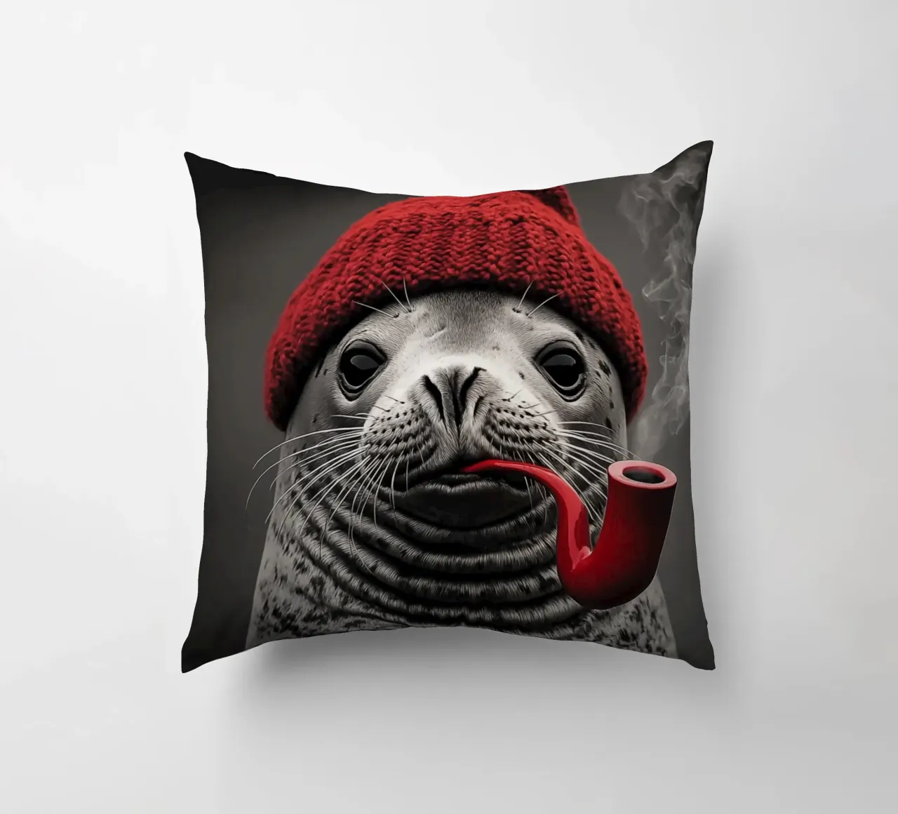 Funny nautical seal with red cap and tobacco pipe decorative cushion by Autofocus