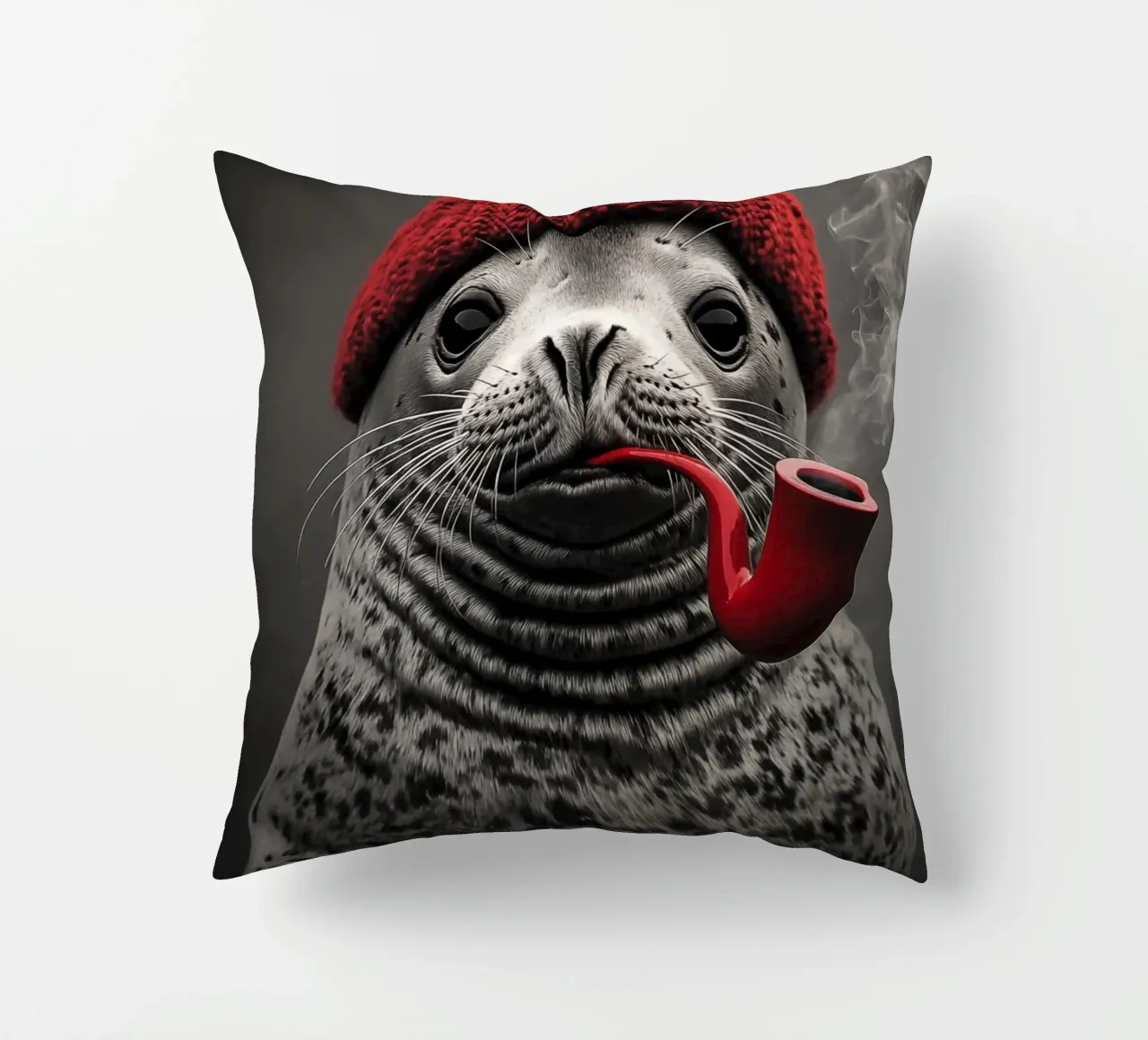 Funny nautical seal with red cap and tobacco pipe decorative cushion by Autofocus