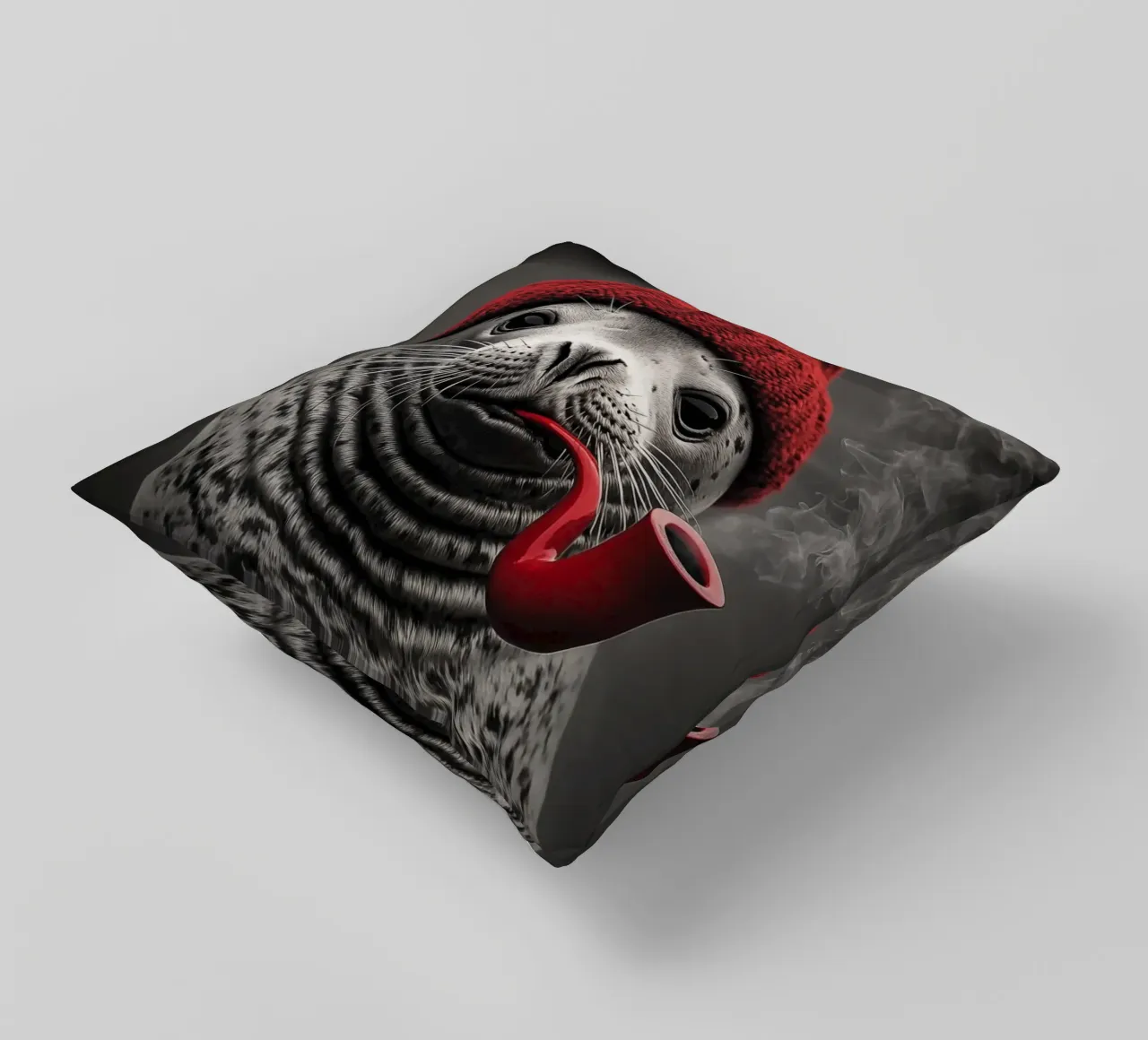 Funny nautical seal with red cap and tobacco pipe decorative cushion by Autofocus