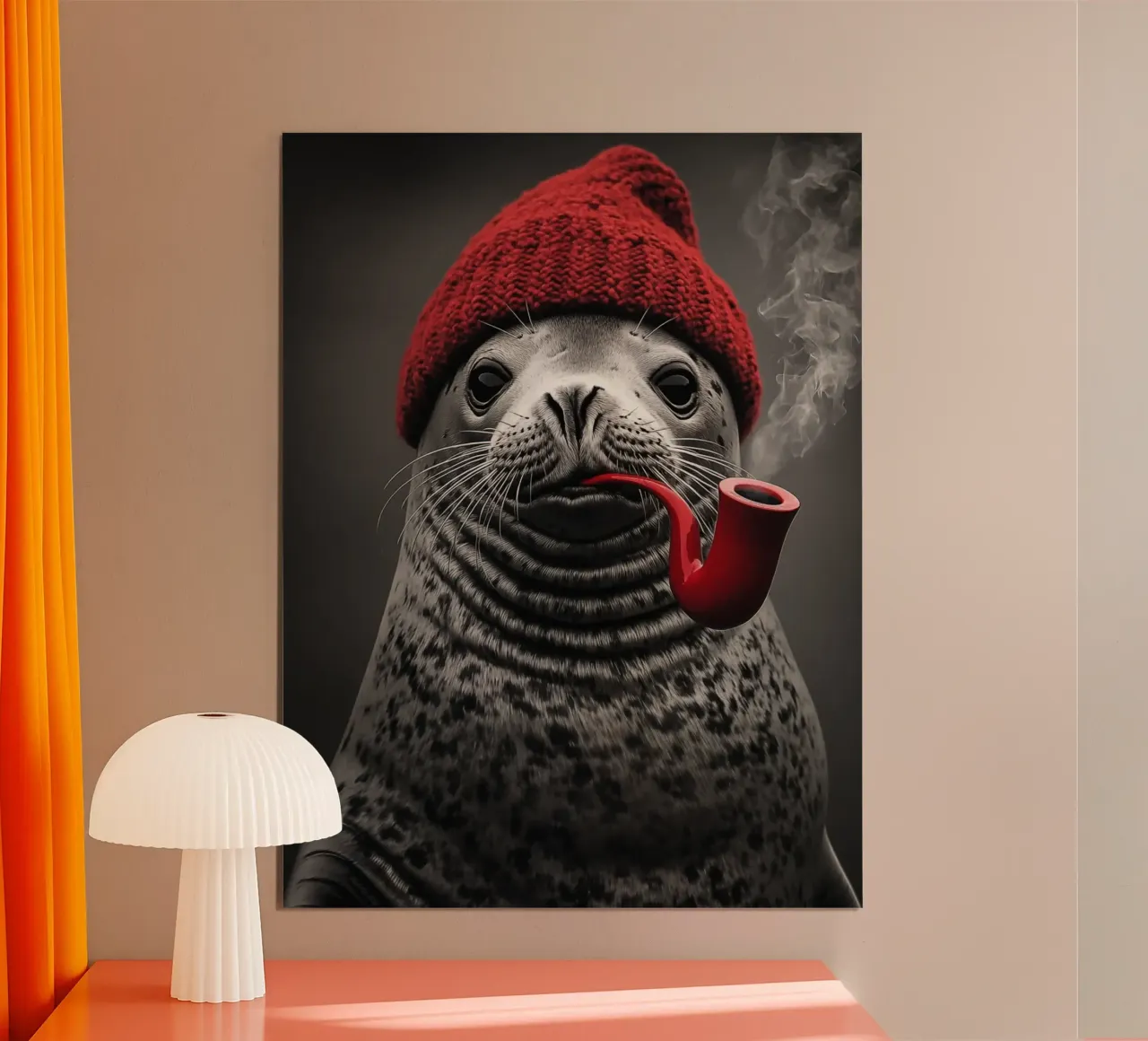 Funny nautical seal with red cap and tobacco pipe hahnemühle by Autofocus