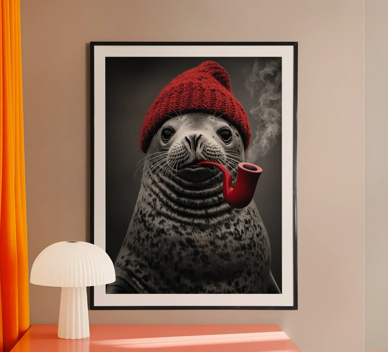 Funny nautical seal with red cap and tobacco pipe hahnemühle by Autofocus