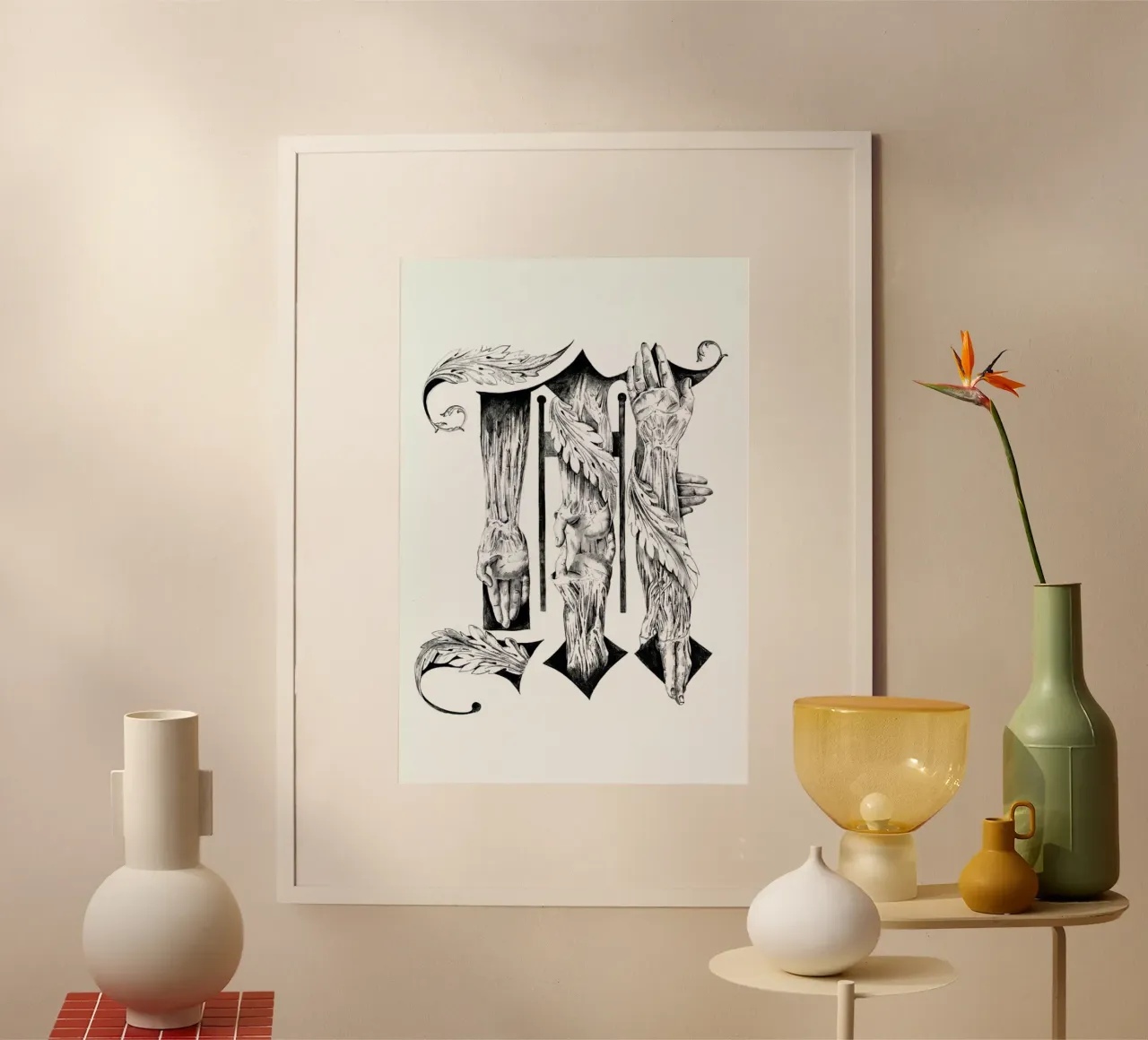 Blackletter M Drawing poster with aluminum frame by Birgit Palma