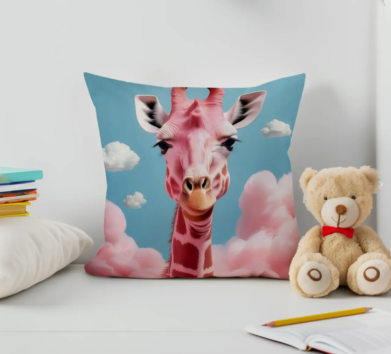 Surreal Pink Giraffe with Clouds Art Print | Unique Animals decorative cushion by FlexiDesignsByK