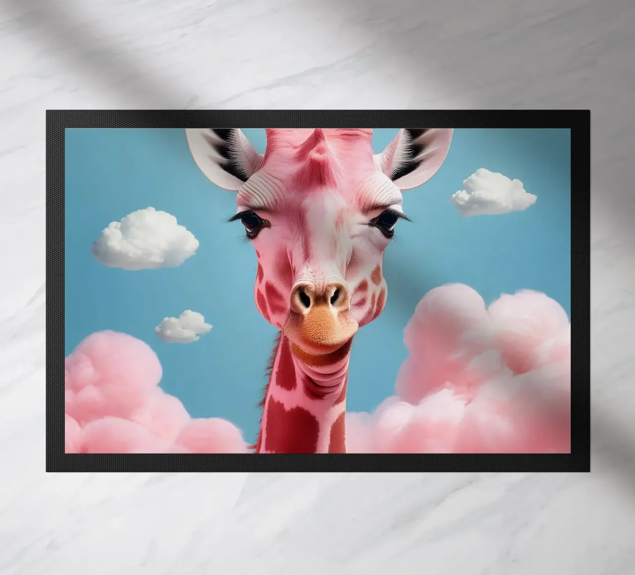 Surreal Pink Giraffe with Clouds Art Print | Unique Animals doormat by FlexiDesignsByK