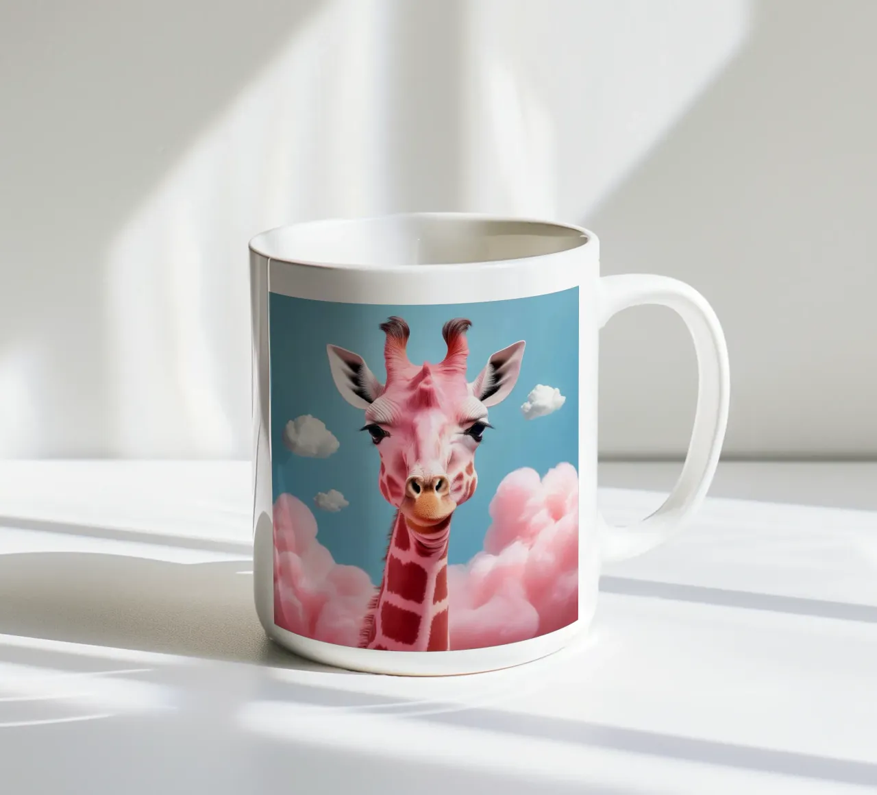 Surreal Pink Giraffe with Clouds Art Print | Unique Animals ceramic mug by FlexiDesignsByK