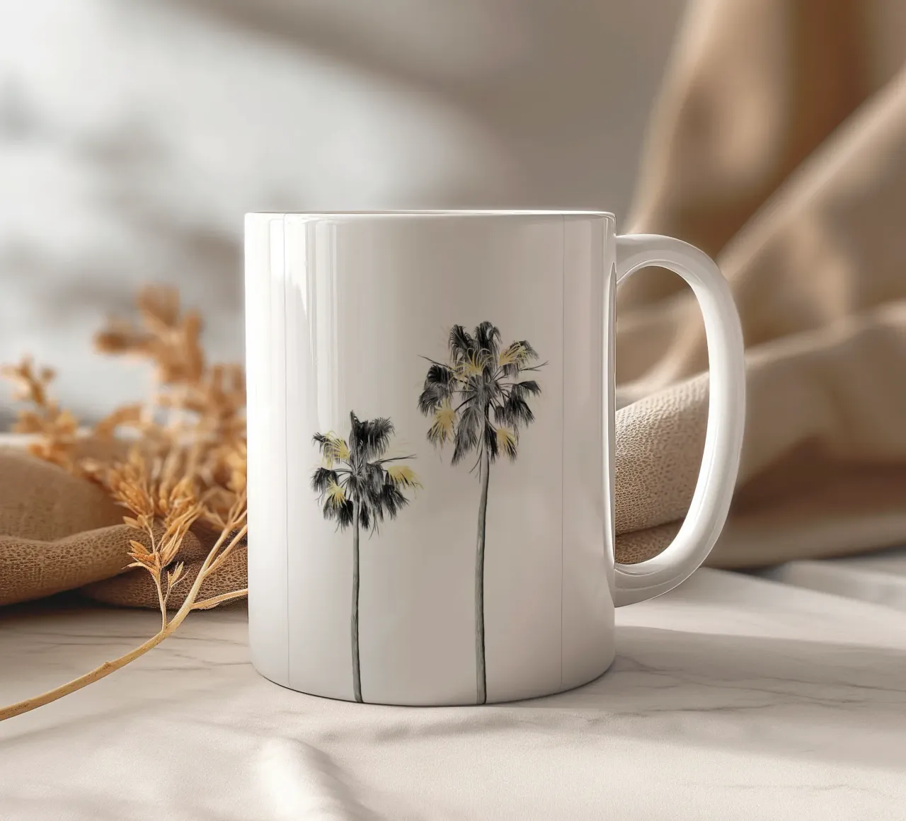 Albero di palme nero, bianco e oro 01 tazza in ceramica da amini54