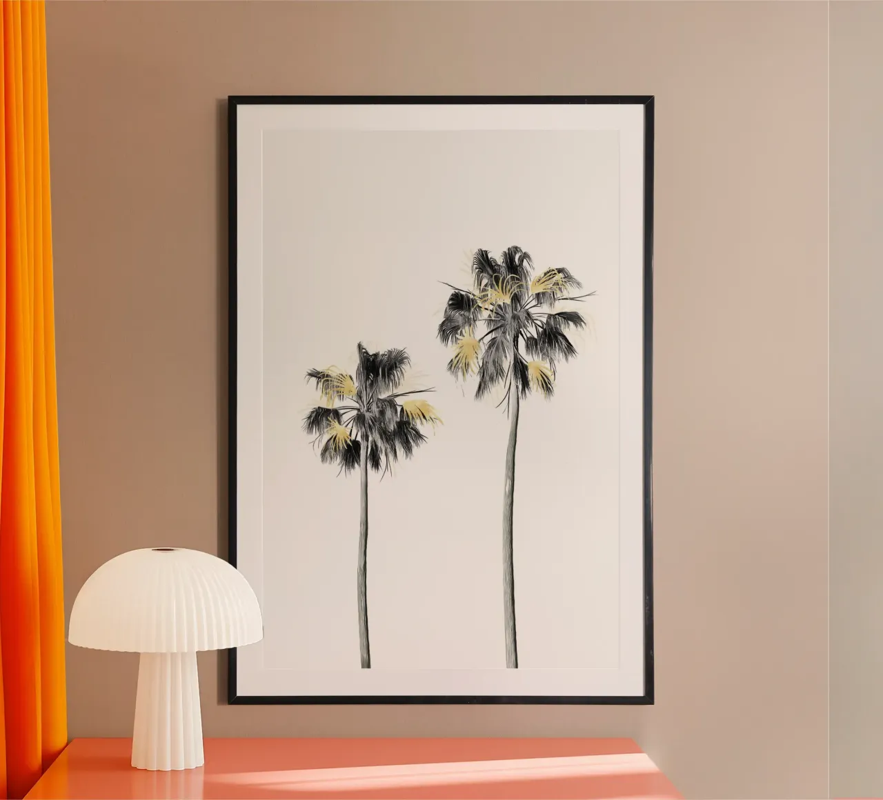 Albero di palme nero, bianco e oro 01 poster con telaio in plastica da amini54