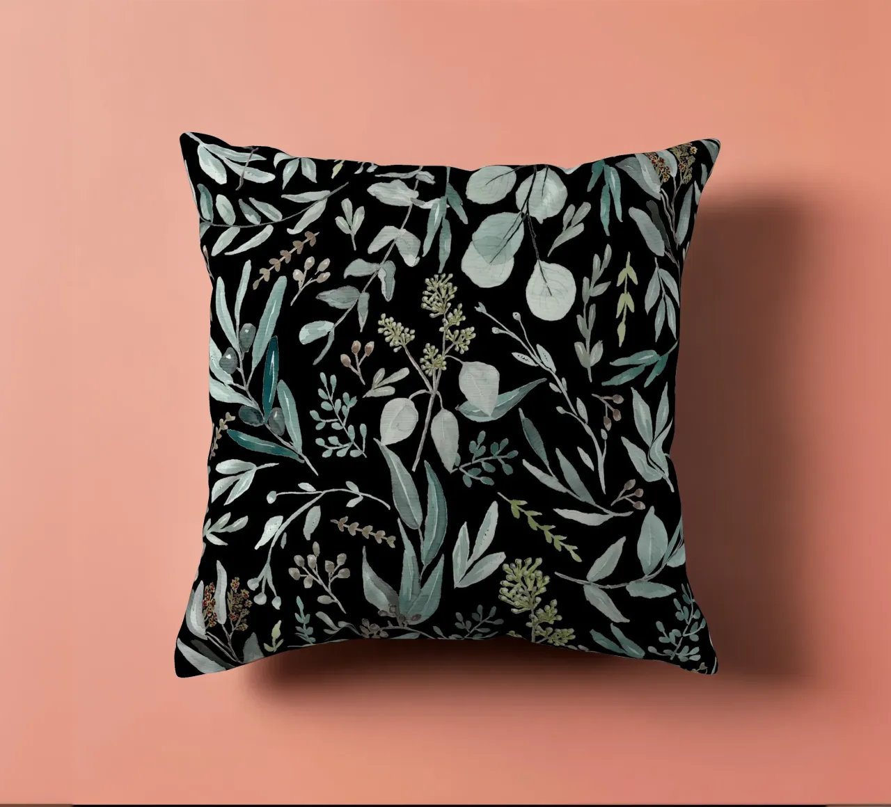 Black Eucalyptus Leaves Pattern cuscino da anisillustration