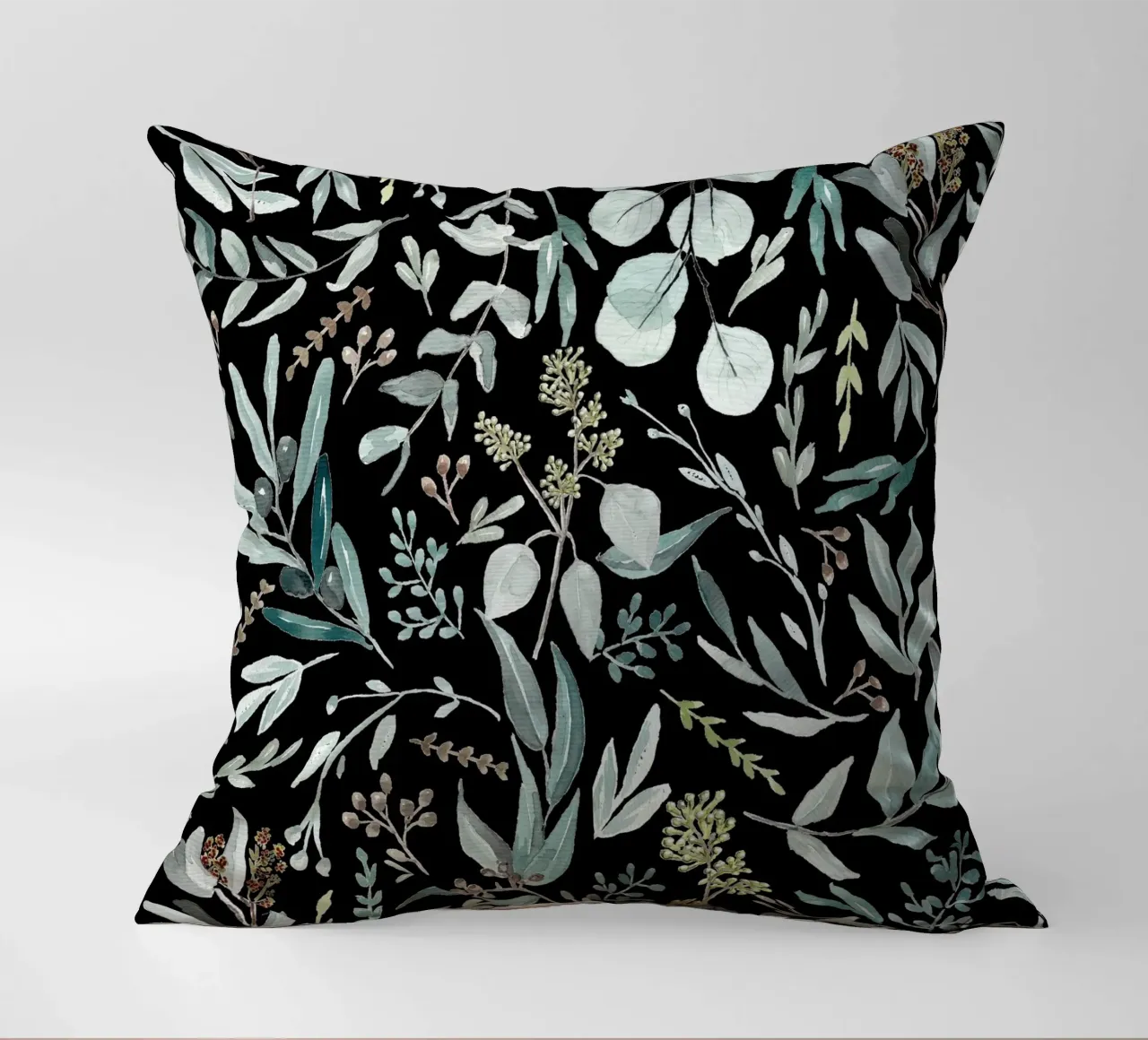 Black Eucalyptus Leaves Pattern cuscino da anisillustration