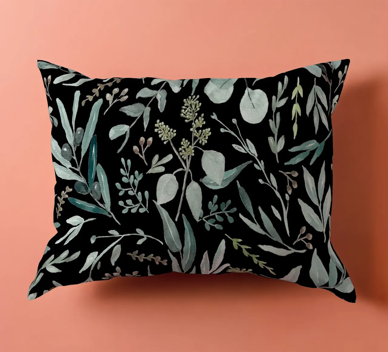 Black Eucalyptus Leaves Pattern cuscino da anisillustration