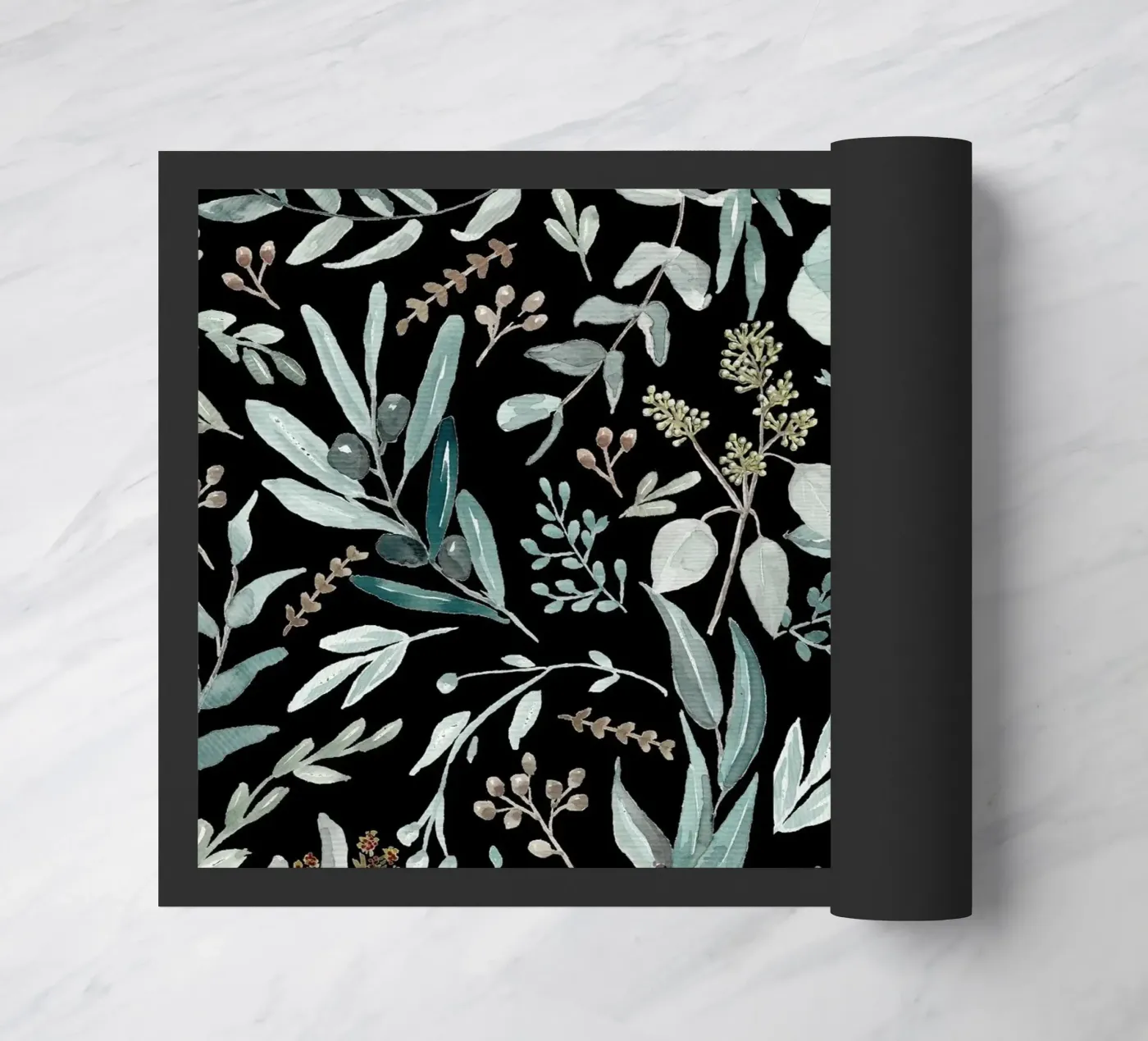 Black Eucalyptus Leaves Pattern Fußmatte von anisillustration