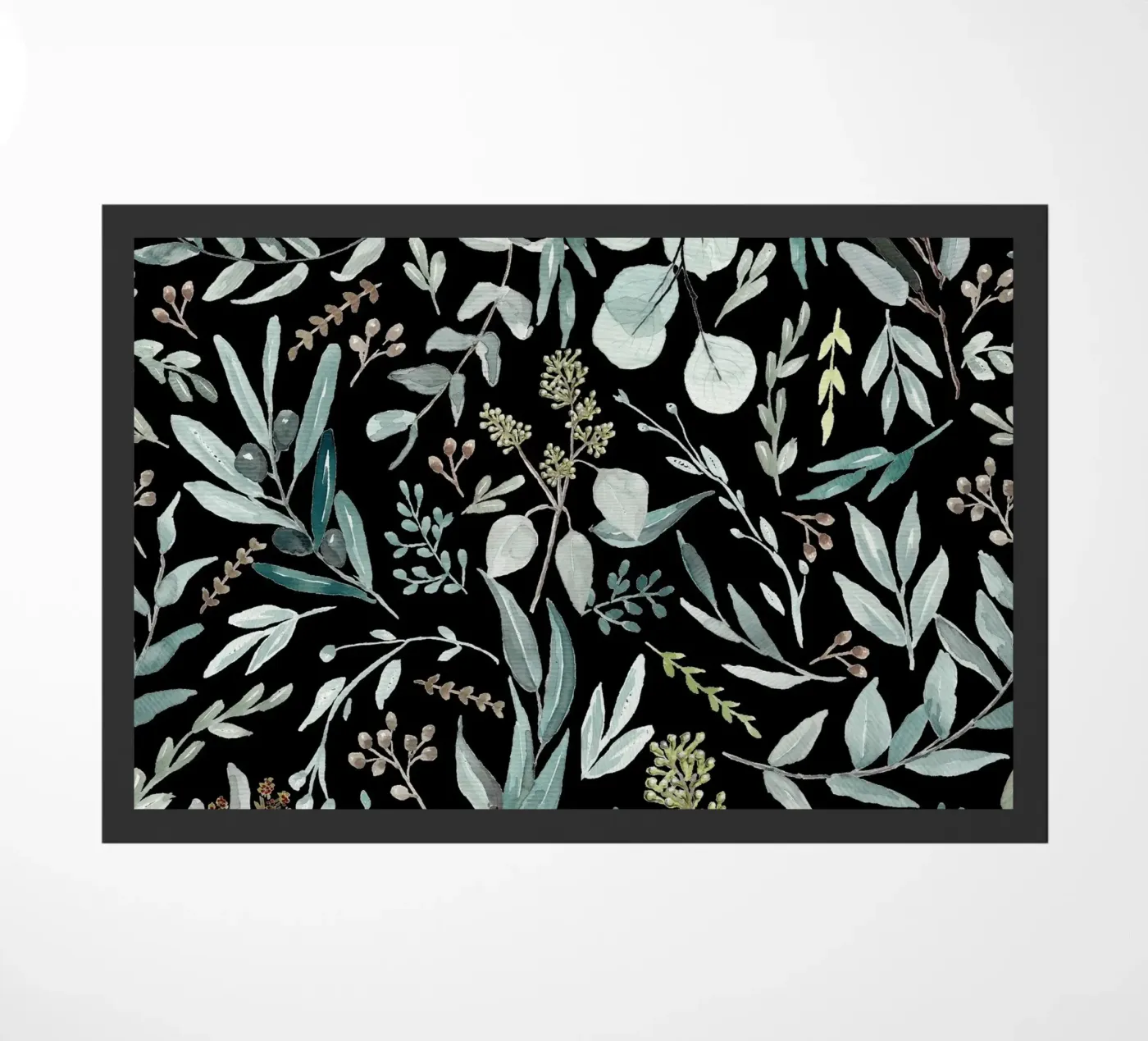 Black Eucalyptus Leaves Pattern Fußmatte von anisillustration