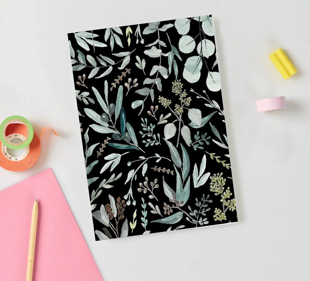 Black Eucalyptus Leaves Pattern notebook by anisillustration