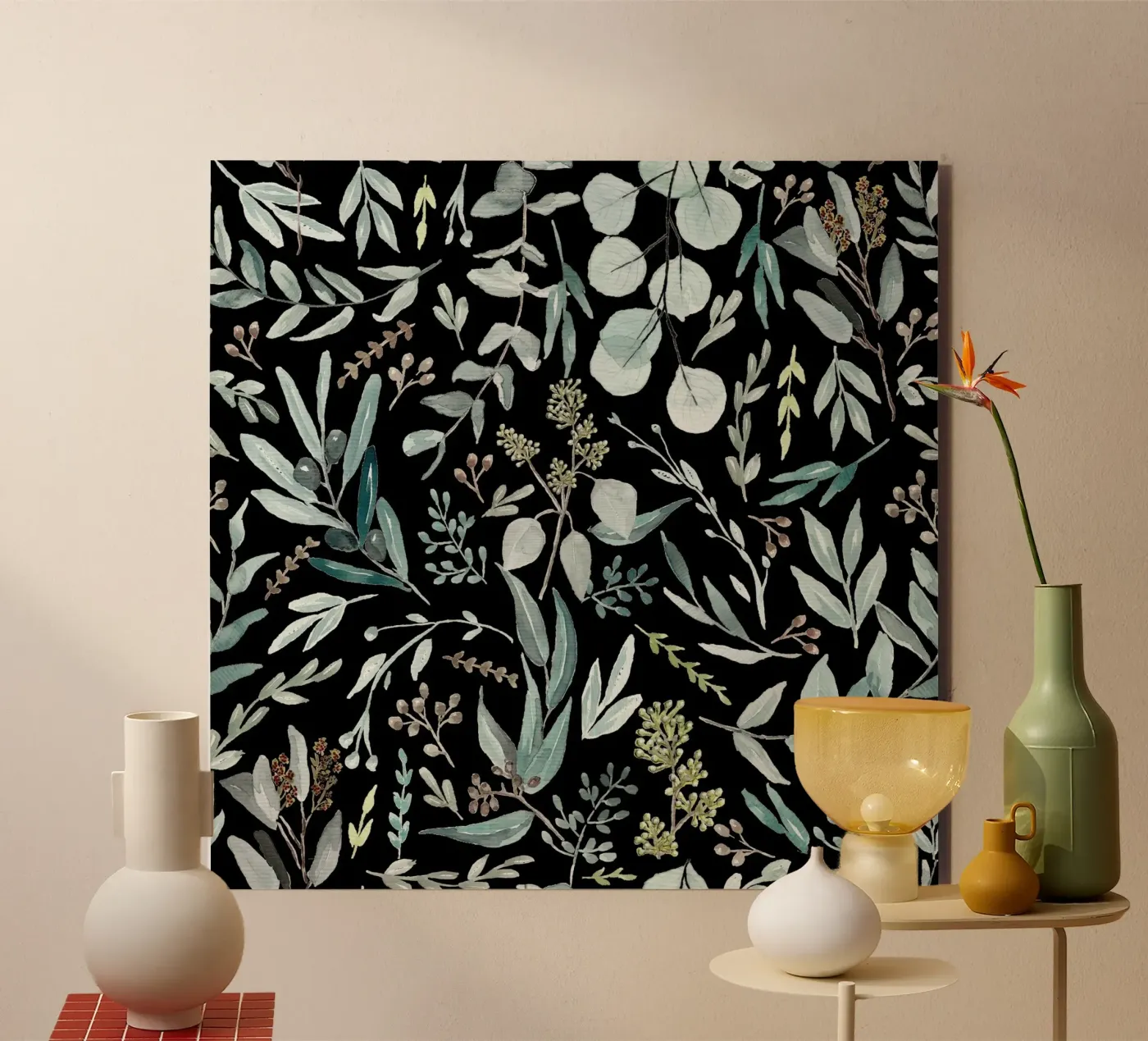 Black Eucalyptus Leaves Pattern pannello forex da anisillustration