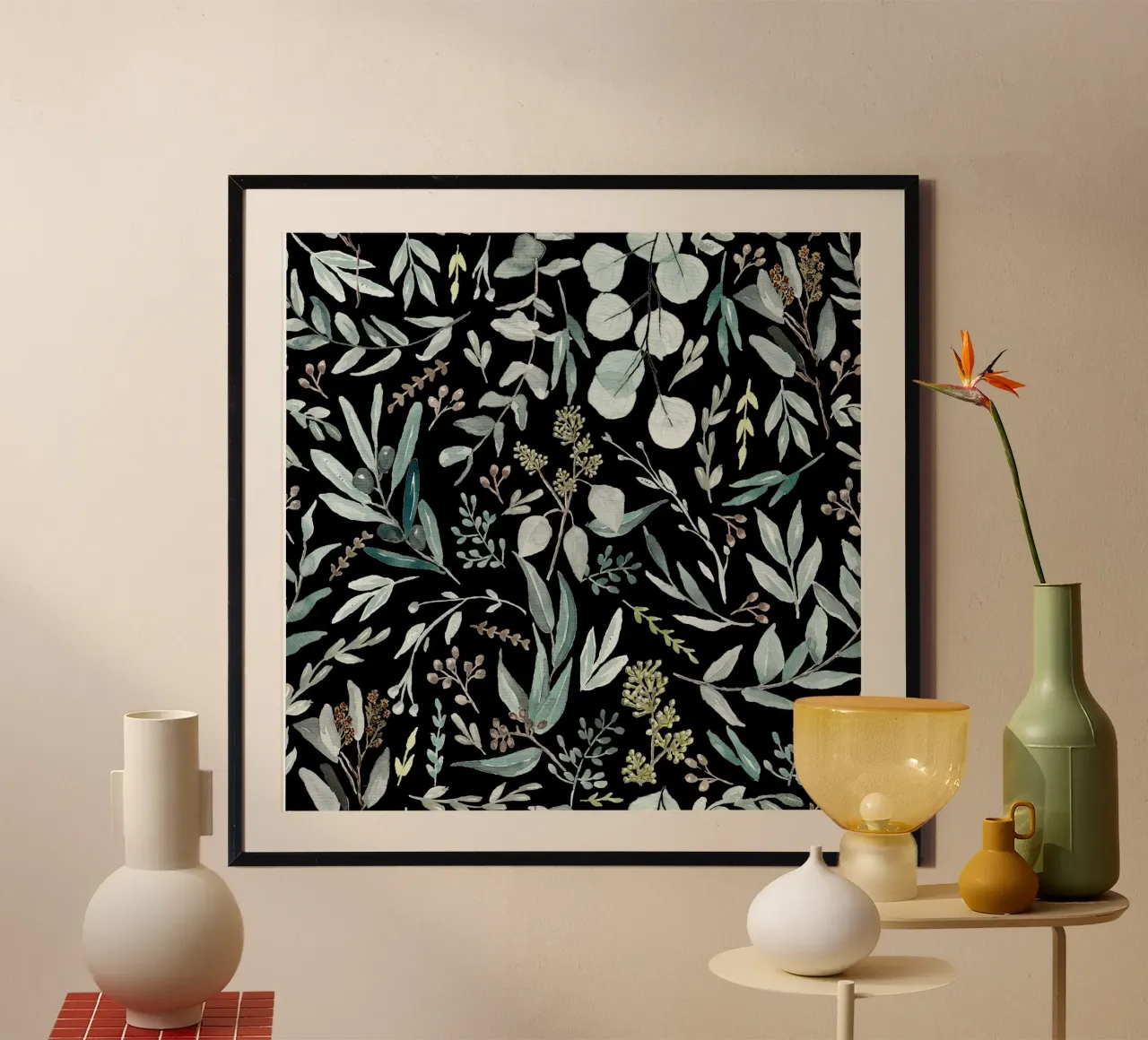 Black Eucalyptus Leaves Pattern poster van anisillustration