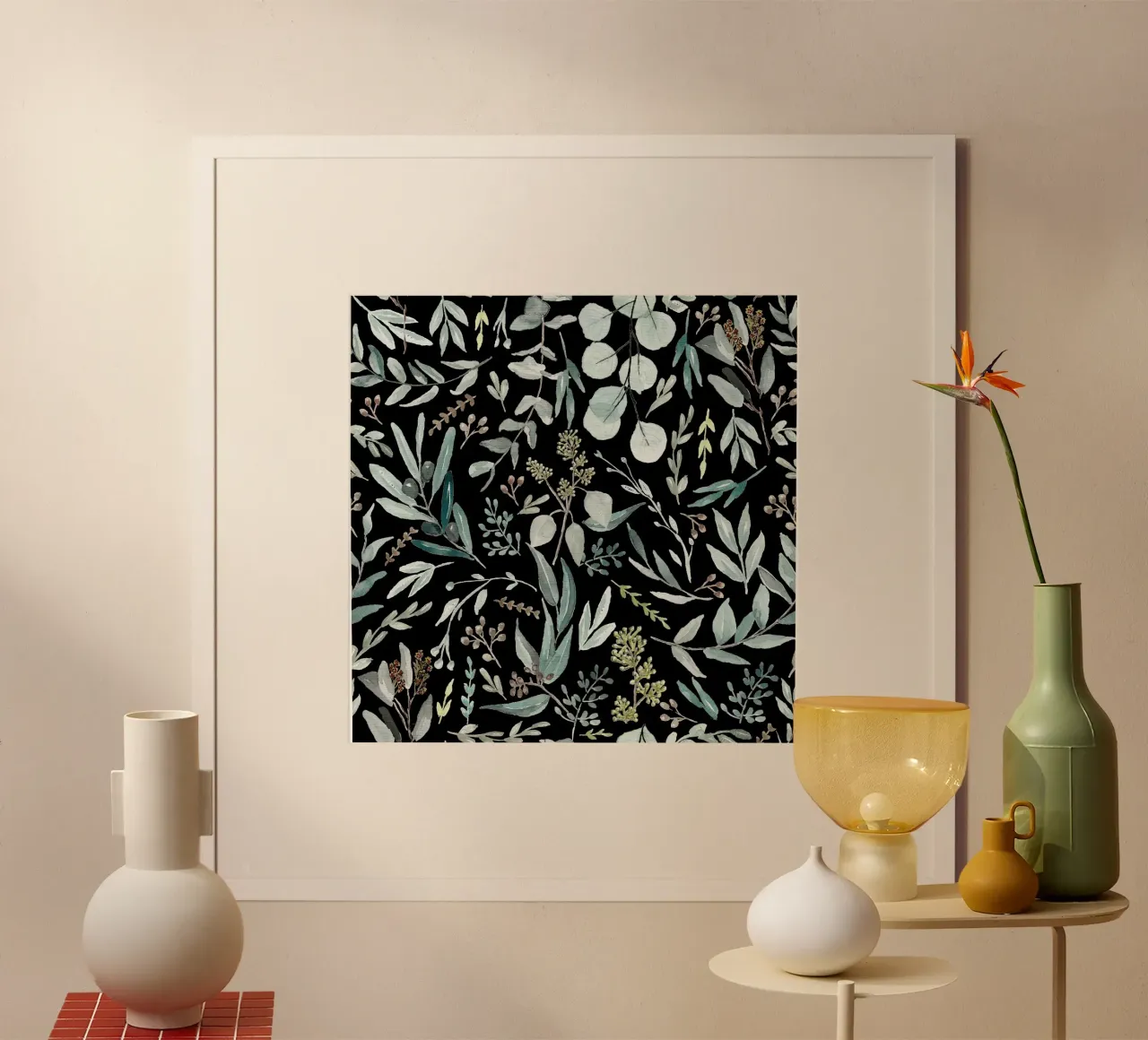 Black Eucalyptus Leaves Pattern poster van anisillustration