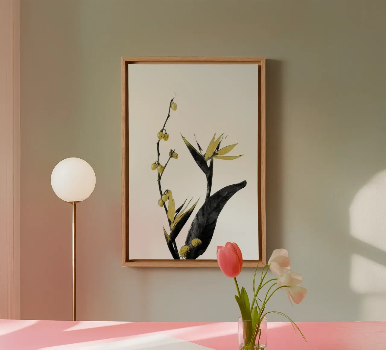 Bloem Minimal Zwart en Goud 02 canvas met Baklijst van amini54