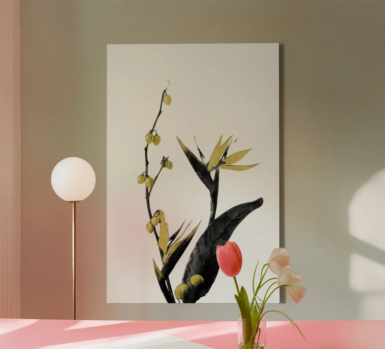 Bloem Minimal Zwart en Goud 02 canvas met Baklijst van amini54