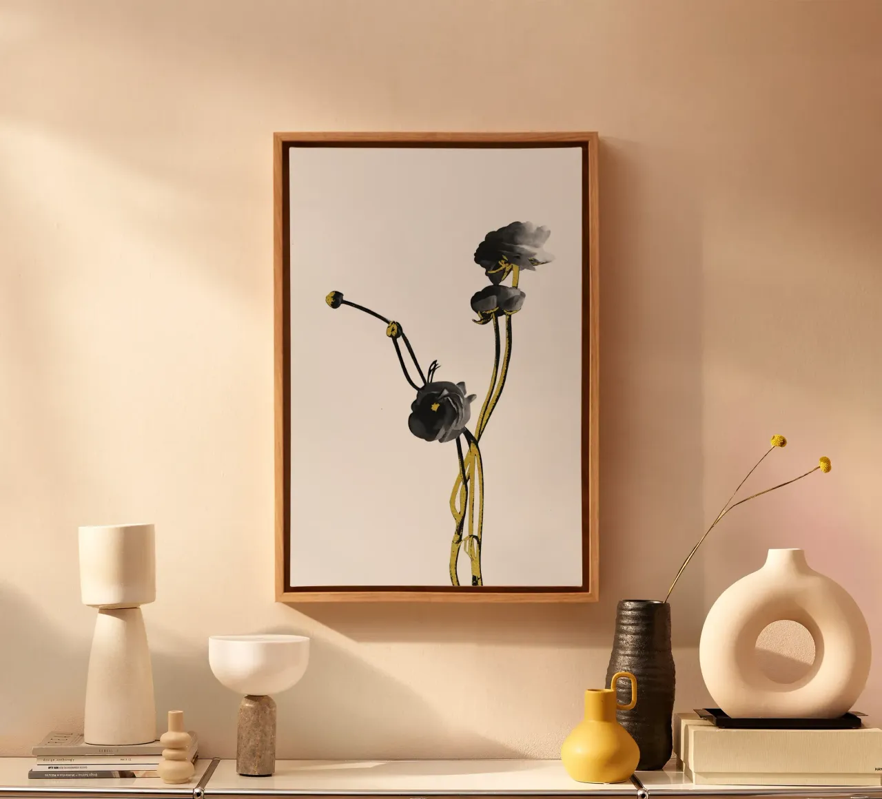 Bloem Minimal Zwart en Goud 04 canvas met Baklijst van amini54