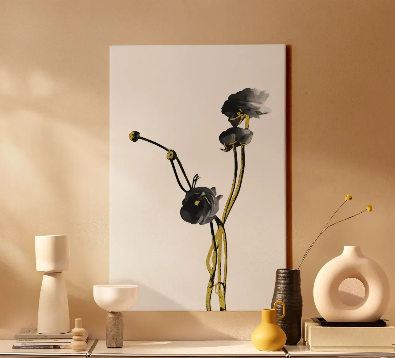 Bloem Minimal Zwart en Goud 04 canvas met Baklijst van amini54