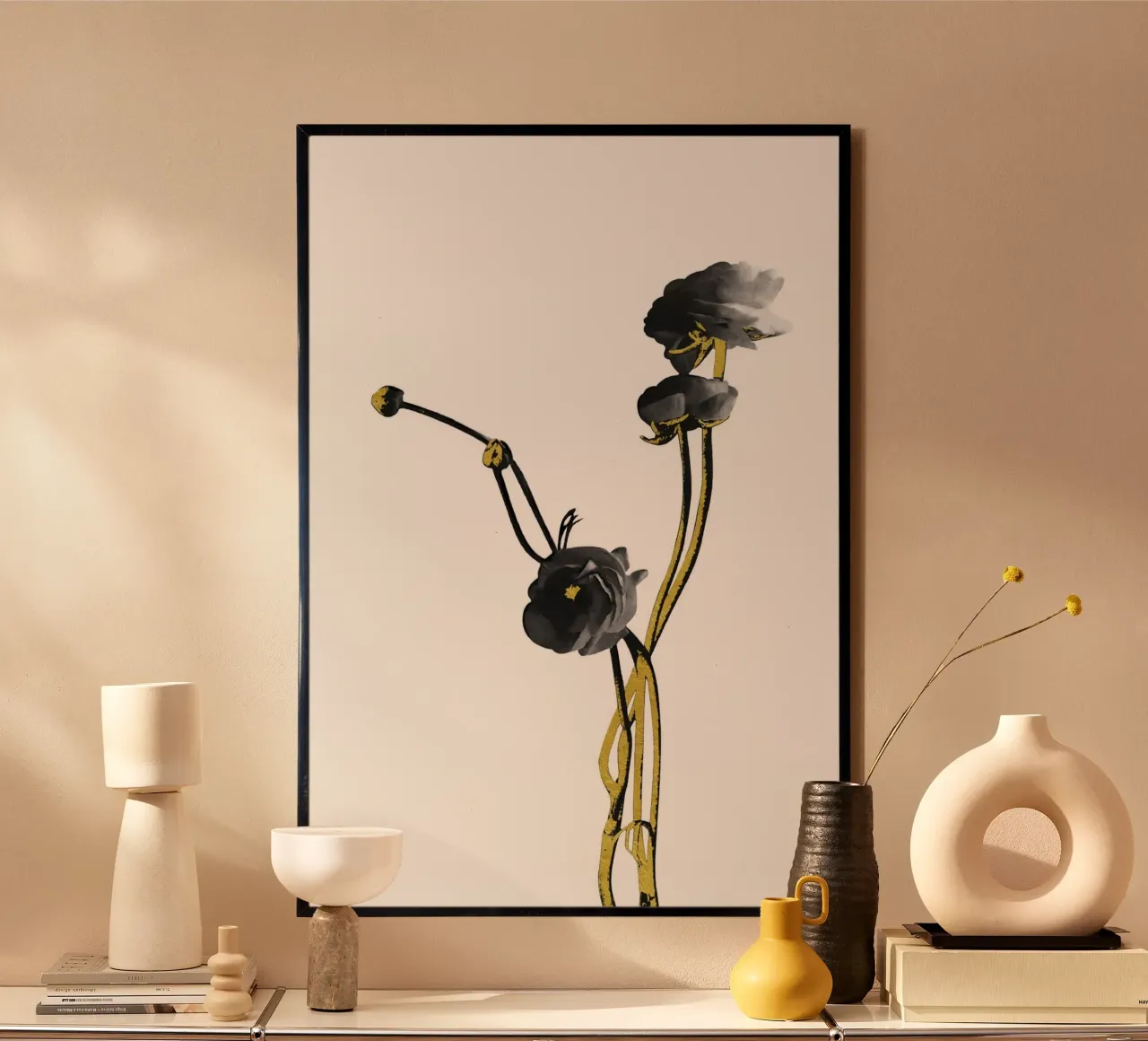 Fiore minimalista nero e oro 04 poster con telaio in plastica da amini54
