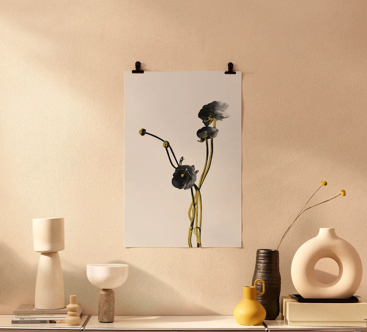 Fiore minimalista nero e oro 04 poster con telaio in plastica da amini54