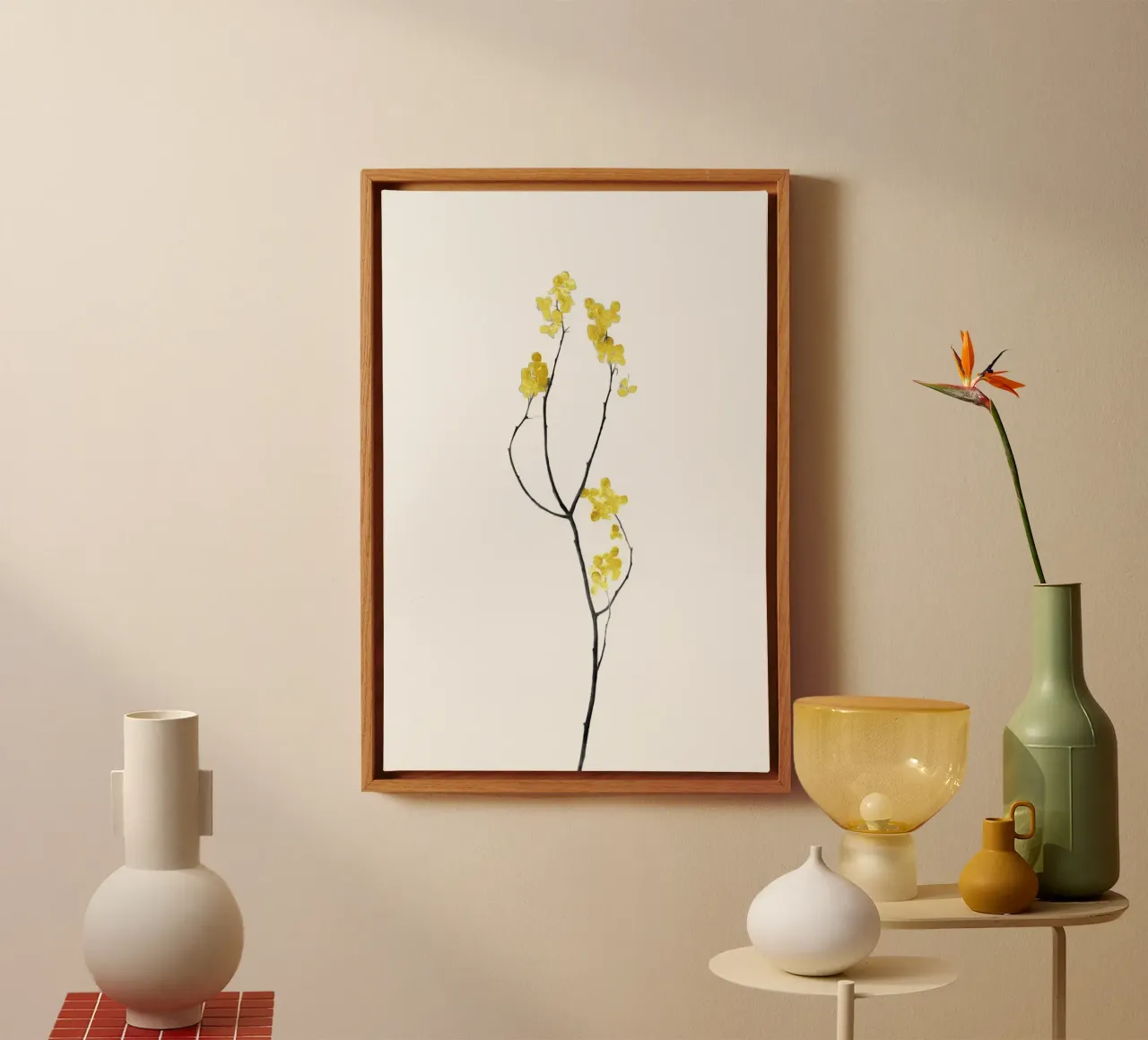 Bloem Minimal Zwart en Goud 09 canvas met Baklijst van amini54