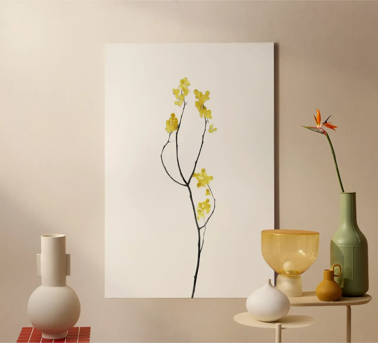 Bloem Minimal Zwart en Goud 09 canvas met Baklijst van amini54