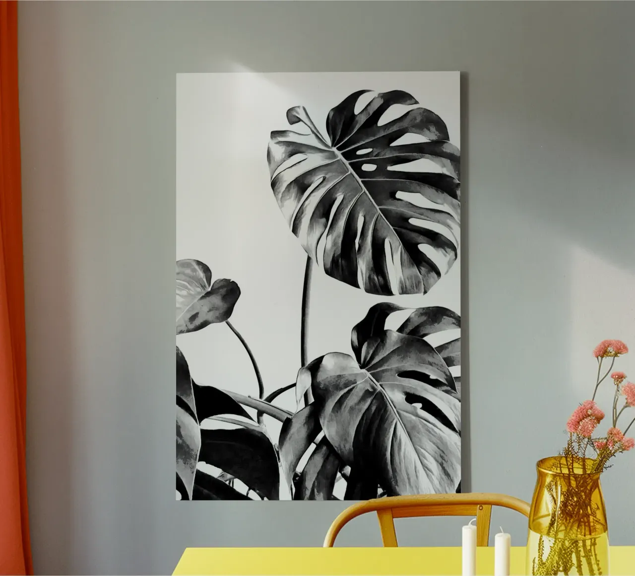 Monstera zwart-wit 07 canvas met Baklijst van amini54