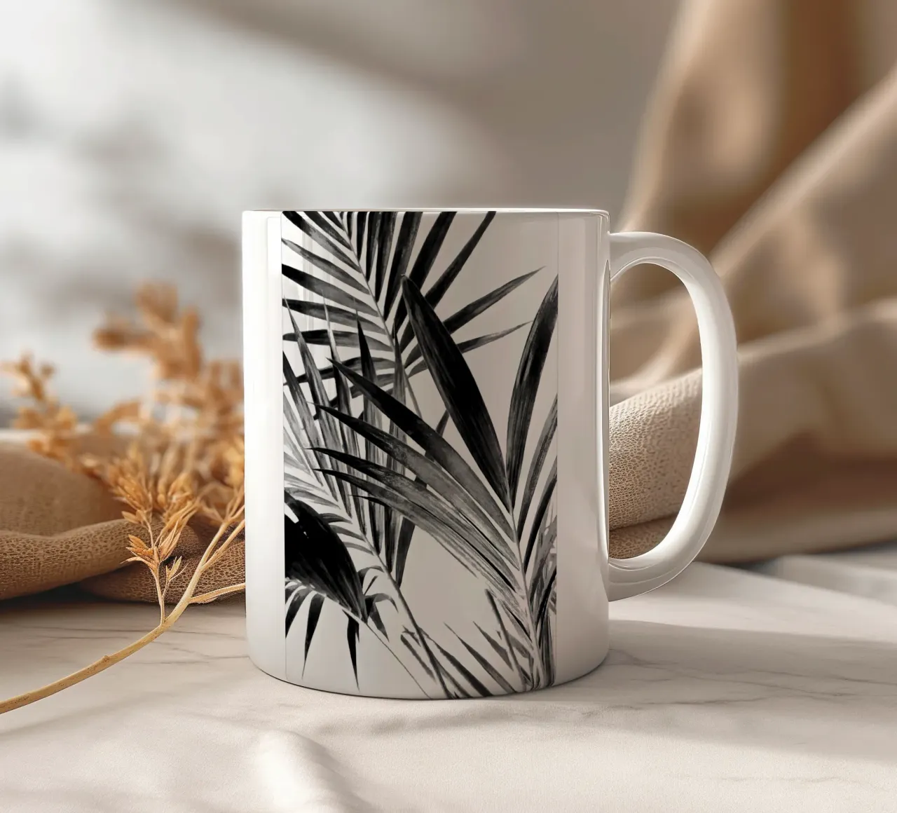 Foglie di palma in bianco e nero 02 tazza in ceramica da amini54