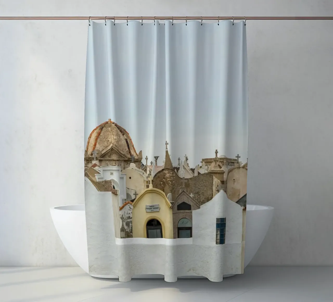 Gravehouses shower curtain by Curious Collections by Marielle Leenders
